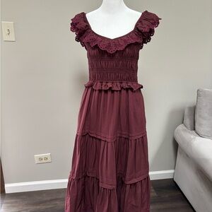 Madewell Burgundy Eyelet Maxi Dress with Ruffle Details